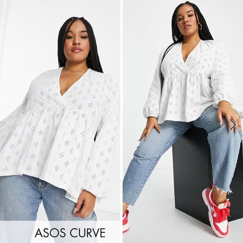 ASOS Curve Broderie Eyelet Smock with Blouson Long Sleeve and Tie Back - Size 18